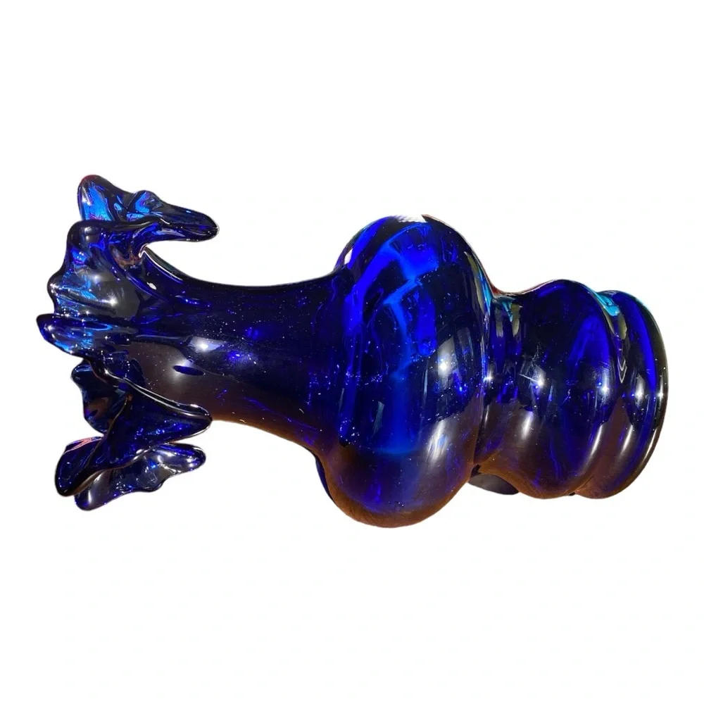 Vintage Mid Century Cobalt Blue Ruffled Glass Vase